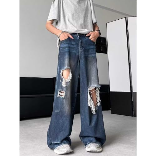 Men's Loose Fit Jeans Ripped Raw Edges Tassels Mid-Rise Wide-Leg Straight Casual Denim Pants with Pockets2