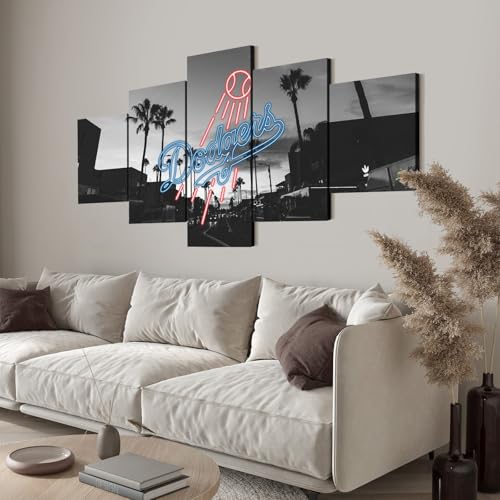 Neon effect Dodgers Sign With Los Angeles California B&#038;W Photography Poster (5-Panel Framed Canvas Printing Full Size: 60x100cm) Home Decor Man Cave Wall Art