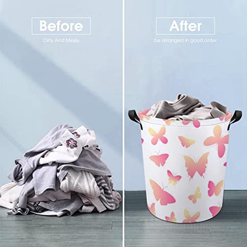 Pink Yellow Butterflies Laundry Basket With Handle Fabric Hamper Laundry Storage Baskets Organizer Large Bins For Dirty Clothes Toys Bathroom #TOP3