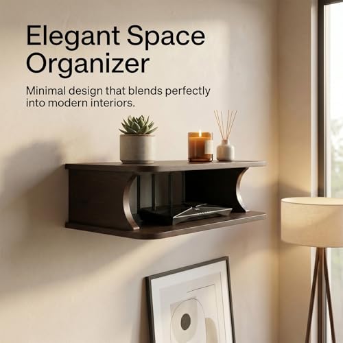 Image of Wall Mounted WiFi Router Shelf | Wooden Router Stand & Set Top Box Holder | Modern Floating Wall Shelf for WiFi Router, Remote, Accessories & Cable Management | Dark Walnut Finish