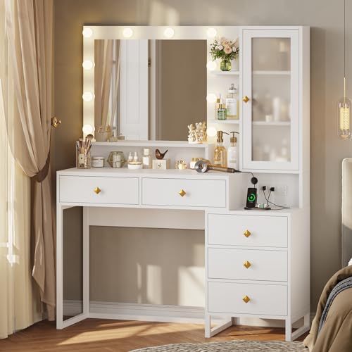 Tiptiper Makeup Vanity Desk with Mirror and Lights & Charging Station, White Vanity Table with 5 Storage Drawer & Glass Door & 3 Shelves for Bedroom, Modern White