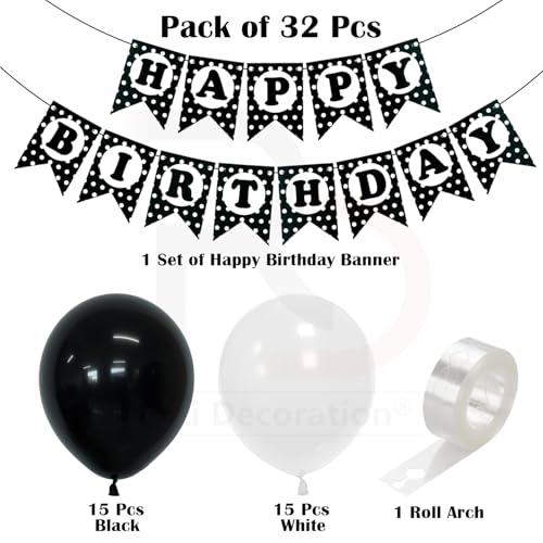 Image of Rozi Decoration Black and White Balloon Decoration Kit with Happy Birthday Paper Banner, 32 Pieces Party Decor Set for Birthday Celebration, Home and Event Decoration