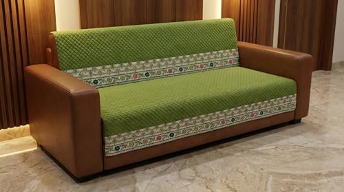 Image of Velvet L Shape 2+2 (4 Seater) Sofa Cover Fully Covered | Anti Skid Non Slip | Plain Green | Washable Furniture Protector