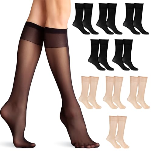 9 Pairs Knee High Socks Pop Sock For Women, Light Skin Color Women's Knee Sock, Sheer Long Socks Stockings For Women Nude Knee High Tights Sheer Nylon Stockings For Girl Black Skin Color