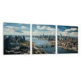 Penthouse View Over New York Manhattan 3 Piece Framed Canvas Wall Art for Living Room, Wall Decor for Bedroom Office, Art Prints for Home Decor Modern Salon Kitchen Hotel, 16'x20'x3 Panel