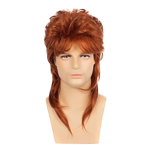 Herren Vokuhila Perücken Orange Lockig 70er 80er Jahre Cosplay Kostüm Perücke Retro Punk Rocker Disco Synthetische Vollperücken