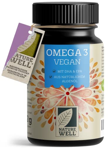 Omega-3 Vegan 60 Kapseln hochdosiert, 2000mg Omega-3 Algenöl pro Tag mit 600mg DHA & 300mg EPA, veganes Omega aus nachhaltigem Anbau als Fischöl-Alternative, laborgeprüft mit Zertifikat, NatureWell 1