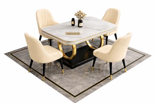 Image of Dining Table with Nano Composite Marble Top & PVC Golden Wooden Base | Fabric Upholstered Chairs | Modern Dining Table Set for Home, Dining Room (Cream, White Marble Top, 4 Seater)