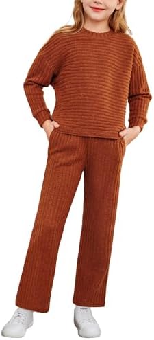Arshiner Girl’s 2 Piece Outfit Sweater Set Batwing Sleeve Knit Pullover Straight Leg Pants Tracksuit with Pockets