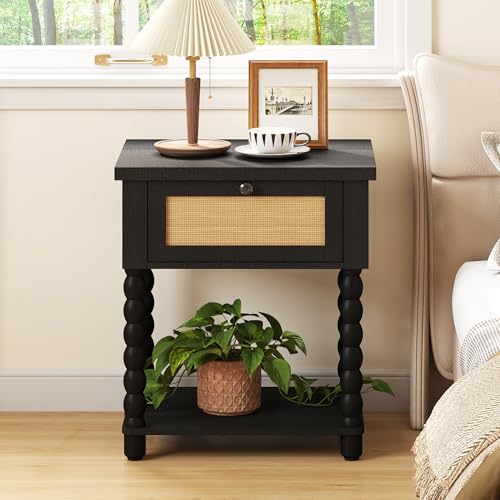 Yusong Rattan Nightstand, 20" W Bedside Table with Solid Wood