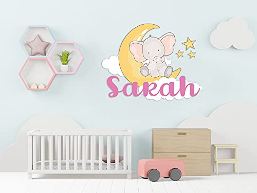 Custom Name & Initial Baby Elephant Stars And Clouds Wall Stickers - Prime Series - Baby Girl Or Boy - Nursery Wall Decal For Baby Room Decorations - Mural Wall Decal Sticker For Home Children's Bedroom #TOP1