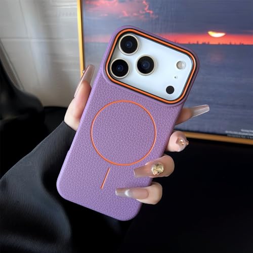 Coque magnétique en TPU motif litchi pour iPhone 16 Pro violet au fini givré élégant
