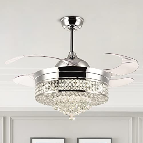 NOXARTE 36 Inch Crystal Ceiling Fan with Remote, Dimmable Retractable Chandelier Fan, Invisible Fandaliers Ceiling Fan for Bedroom Dining Room-Silver…
