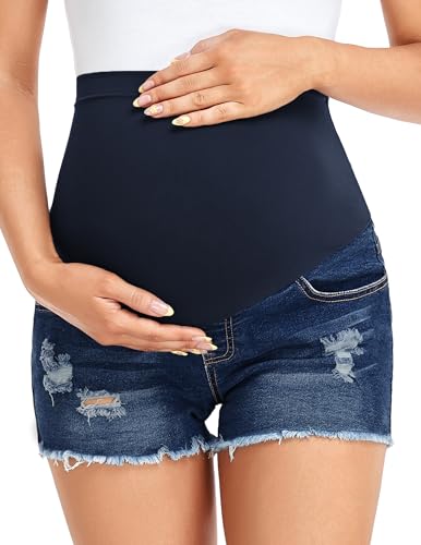 fitglam Women's Maternity Jean Shorts Over Belly Pregnancy Denim Shorts Maternity Casual Lounge Clothes
