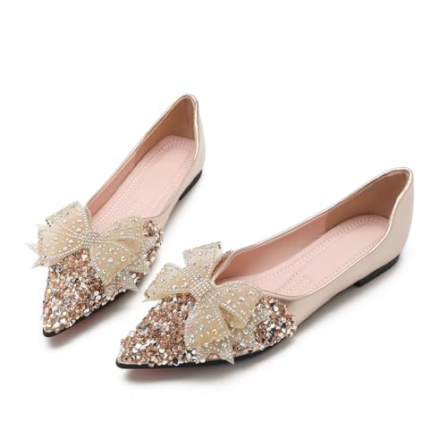 Flats Shoes Women Rhinestone Wedding Flats Comfort Pointed Toe Ballet Flat Shoe Low Heel Dress Shoes Sparkly Flats for Women