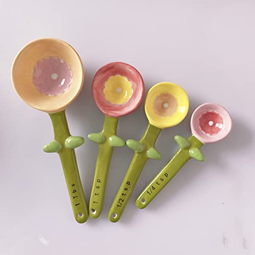 Conjunto de 4 colheres de medição de cerâmica em panela colheres de medição copo com suporte ferrame