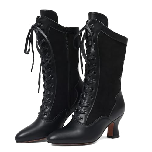 Erocalli Vintage 70s Victorian Boots for Women Halloween Black Witch Boots - Mid-calf Lace Up Kitten Heel Goth Cosplay Fall Shoes Novety