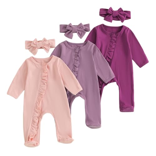 Image of Merqwadd Baby Girl Zipper Pajama Footies 3 Pack Ruffle Sleeper Coming Home Infant Cotton Clothes (Pink/Lavender/Violet,Newborn)