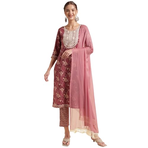 Image of NAINVISH Cotton Blend Kurti Pant & Dupatta | Kurta Set for Women | Women Kurta Pant Dupatta Set | Kurta Pant with Dupatta Set | Embroidered Kurta Pant Dupatta Set