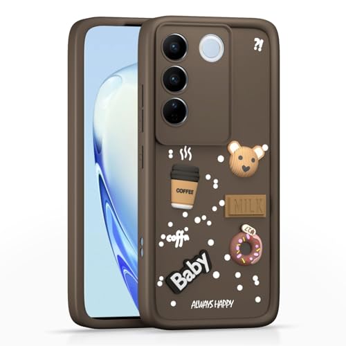 Image of Bintage Cute Fun Taddy Cartoon 3D Ball Bear Milk Donut Coffee Cup Silicon Case Full Body & Camera Protection Back Cover Compatible for Vivo V27 5G - Brown