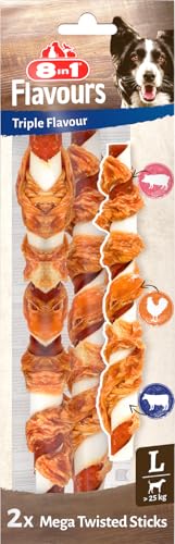 8in1 Triple Flavour Mega Twisted Sticks - Bastoncini da masticare grandi con filetto di pollo, pelle di maiale e manzo, sacchetto da 140 g (2 pezzi)