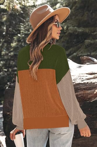 Image of Zeagoo Women 2026 Fall Lightweight Oversized Sweater Crew Neck Long Sleeve Color Block Pullover Rib Knit Blouse Tops XS-2XL