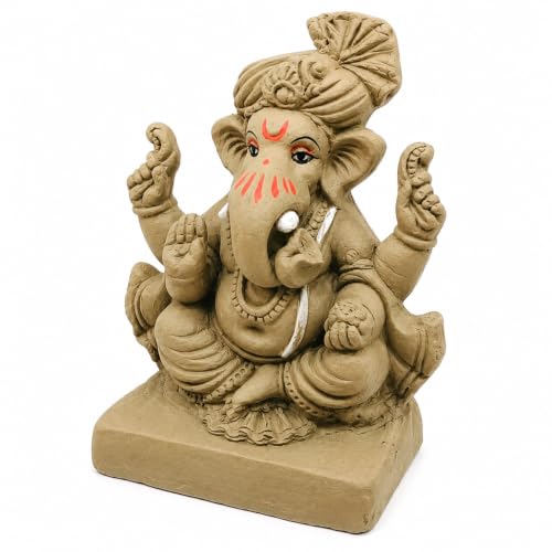 Image of Clay Ganesh Idol, 4 Inches Height, Water Soluble Ganpati Murti for Ganpati Visarjan (Small) (Natural Brown - Turban Ganesha)