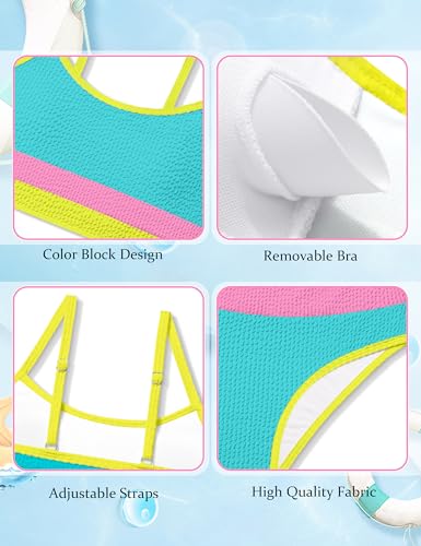 Image of Girls Bathing Suit Color-Block Adjustable Straps Bikini Sets Girls Two Piece Swimsuits with Chest Pad Swimwear 7-18T