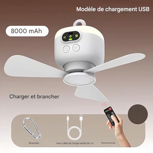 Ventilateur de camping avec lumière 4 vitesses à télécommande pour extérieur - 6