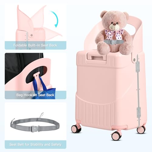 advwin 22" Ride On Luggage with Seat for Kids & Adults, Lightweight Hardside Ride-On Suitcase with Front Opening, TSA Lock, 360° Spinner Wheels, Pink - Image 4