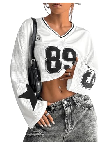 GORGLITTER Women's Number Graphic Jersey Crop Top Shirts Y2K 90s Bell Long Sleeve V Neck Graphic Tee