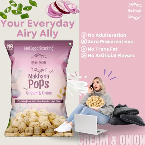 Image of Khari Foods Premium Flavoured Makhana 25g, Crunchy & Roasted Makhana Pops, Protein Source, Fibre Rich, No Palm Oil, Gluten Free (Cream & Onion Pack 4)