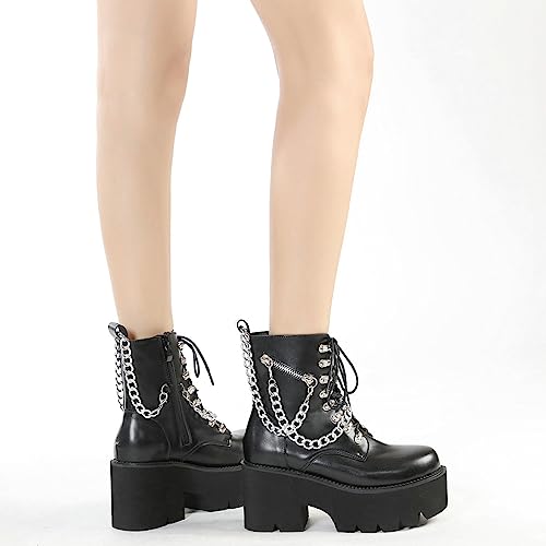 Image of Parisuit Womens Goth Patent Ankle Boots Platform Chunky Combat Boots | Lace Up, Gothic Boots, High Heel, Punk Short Booties, Buckle Boots, Chain Boots