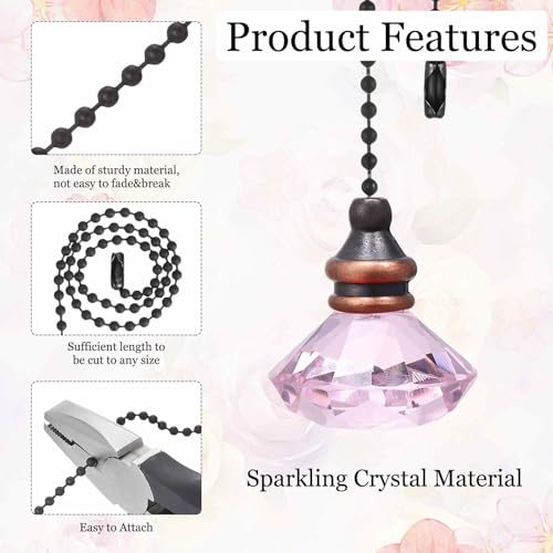 Image of MECCANIXITY 4Pack Ceiling Fan Pull Chain, 12 Inch Decorative Ornaments Diamond Pendant Pull Chain Extension for Ceiling Fans Light Lamp, Pink