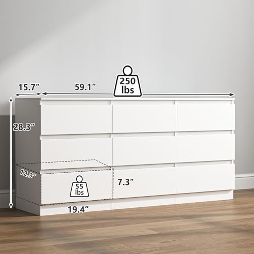 Vibe & Dine White Dresser 9 Drawer, Modern Long Dresser for Bedroom, Wood Chest of Drawers with Wide Storage for Living Room