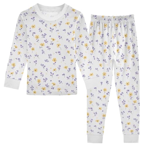 Cartoon Pajamas Set Yellow Flowers Purple Leaves Pattern Long Sleeve PJs Cotton Jammies Sleepwear Top and Pants