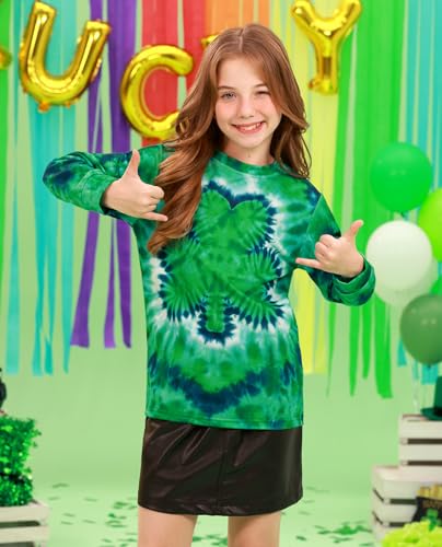 Image of Unisex Kids St. Patrick's Tie Dye Irish Clover Long Sleeve Shirt Shamrock Green Sweatshirt 6-14 Years