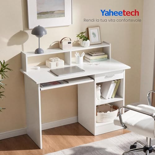 Yaheetech Scrivania per Computer Bianco Tavolo per PC da Studio con Cassetto Scrittoio con Libreria da Ufficio Salvaspazio Cameretta 106 x 50 x 94 cm - Immagine 3