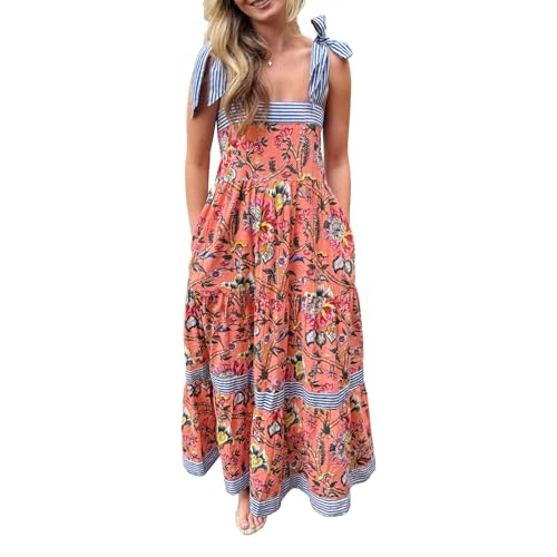 Image of Women Y2k Boho Maxi Dress Tie Shoulder Backless Strappy Tiered Flowy Dress 2024 Summer Floral Beach Sundress