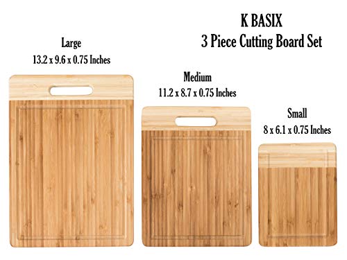 K BASIX Bamboo Cutting Board Set with Groove (3-Pcs)-Premium Quality Organic Wood Cutting Board for Kitchen-Chopping Board for Meat (Butcher Block) & Veggies-Anti Microbial 100% Natural Serving Trays