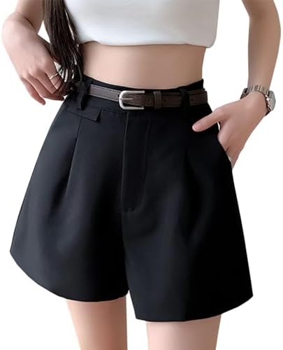 Laisve Women's Belted Shorts with Pockets, High Waist, Cool, Loose, Culotte, Solid, Summer, Body Type Coverage, Commuting, School, Cute