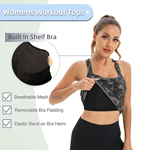 Haczea Workout Tops For Women Built In Sports Bra Sleeveless Athletic Tank Top For Yoga Running Tennis Fitted Racerback Sports Shirts-Camo Xxl #TOP5