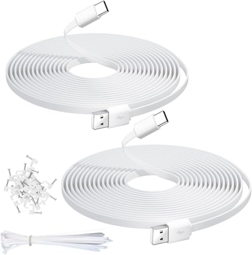 2�{�Z�b�g ������ USB A - USB C �����t���b�g�P�[�u�� 5m/16.4�t�B�[�g�i�Œ�p�B�E�����o���h�t���j�A�Z�L�����e�B�J�����p�[�d�P�[�u���iTapo C120�AEufy S3 Pro�AWyze�ABlink�Ή��E�z���C�g�j