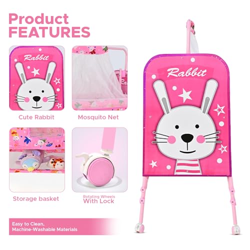 Image of Bubblebaby Premium Sturdy & Safe Baby Cradle Jhula /Palna /Bed /Ghodiyu /Baggi /Baby Bedding With Mosquito Net All Four 360 Rotating Wheels & Lock Storage Mattress For 0-13 Months Boys Girls (Pink) 1count