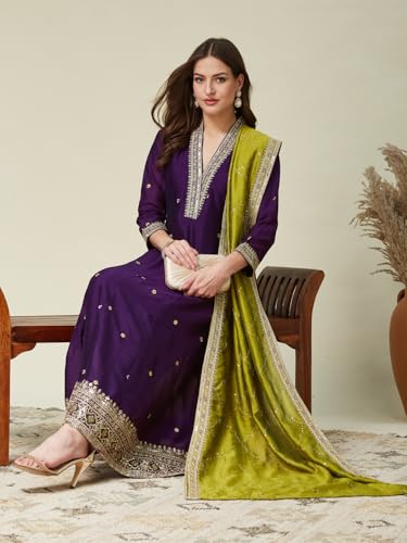 Image of MOKOSH Women's Silk Embroidery Anarkali Kurta Pant with Dupatta | Anarkali Kurta Set |Embroidered |V Neck Full Sleeve Ethnic Suit |3 Piece Outfit