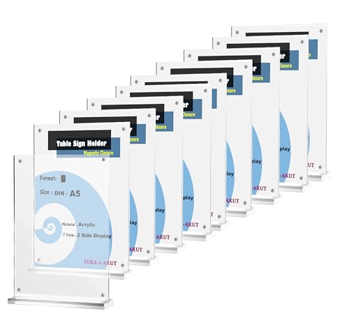 TUKA-i-AKUT 10x A5 Hoch Tischaufsteller Acryl Transparent mit Magnetverschluß, Doppelseitig Display Prospekthalter Flyer Aufsteller Tisch Werbeaufsteller, Glasklar T-Ständer TKD8241-A5-H-10x