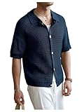 OYOANGLE Men's Short Sleeve Collared Crochet Button Up Sweaters Business Casual Knit Tops Deep Blue Large