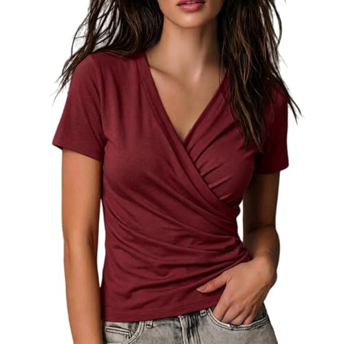 Wrap Tops for Women Short Sleeve V Neck Crossover Shirts Summer Going Out Outfits Dressy Casual Top Burgundy