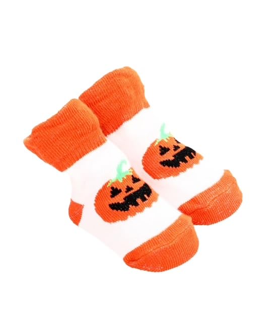 Halloween Pumpkin Face Baby Booties Socks, Orange and White, Cotton Blend, Novelty Holiday Infant Footwear
