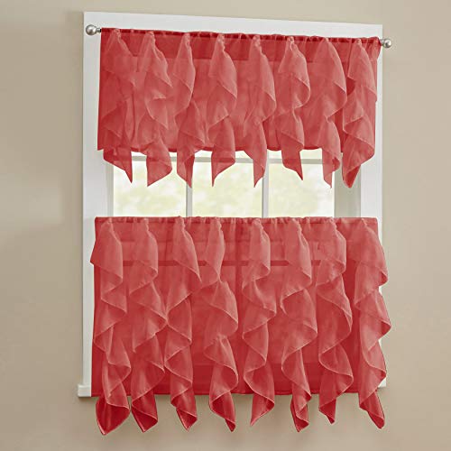 Image of Sweet Home Collection 3 Piece Kitchen Curtain Set Sheet Vertical Cascading Waterfall Ruffle Includes Valance & Choice of 24 inch or 36 inch Teir Pair, Tier, Sheer Burgundy